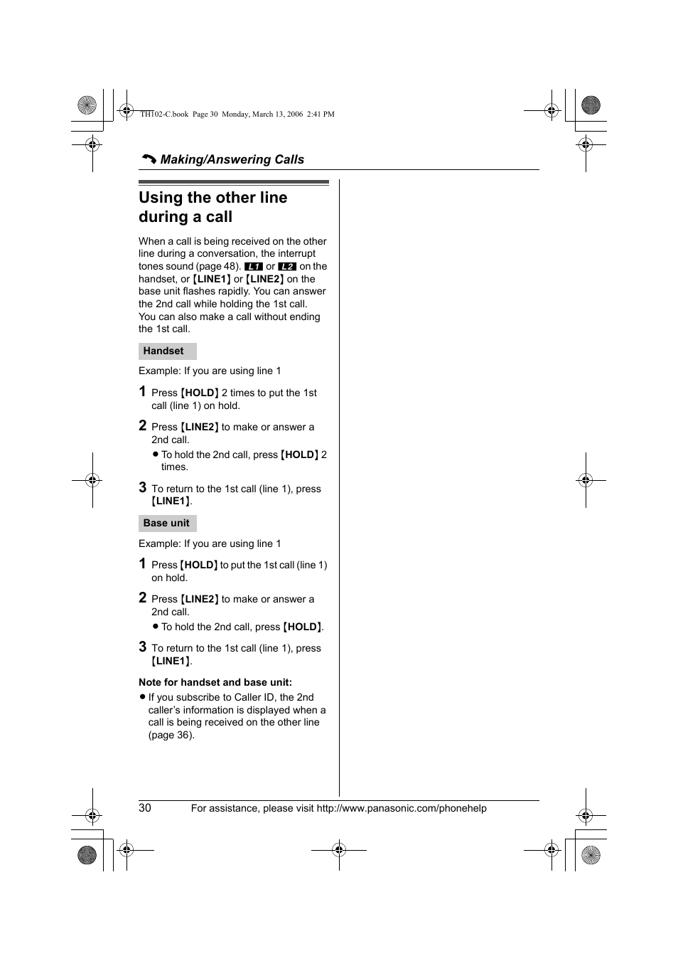 Using the other line during a call | Panasonic KX-TH102-C User Manual | Page 30 / 100