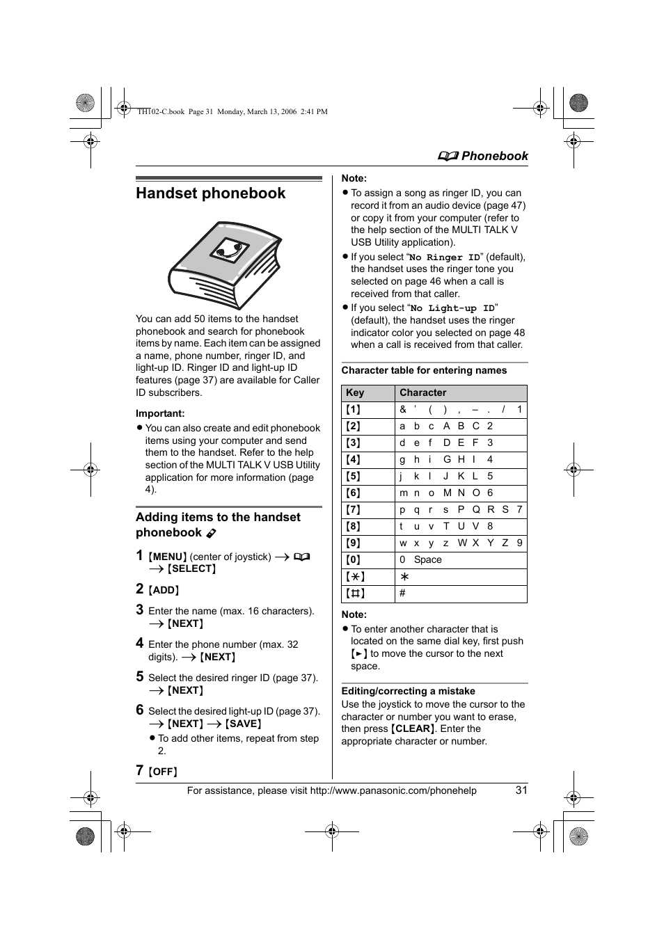 Phonebook, Handset phonebook | Panasonic KX-TH102-C User Manual | Page 31 / 100