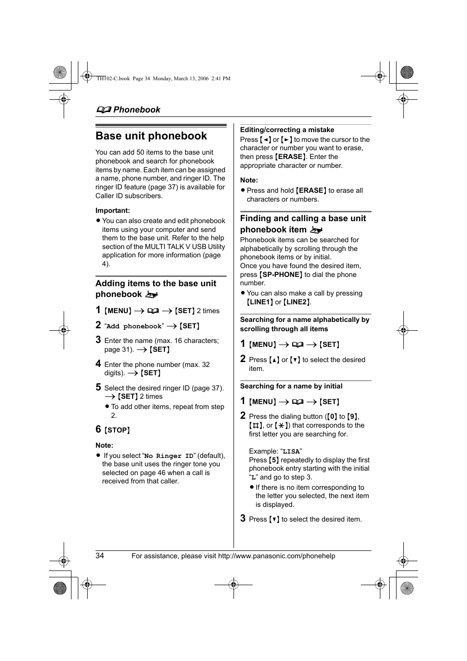 Base unit phonebook | Panasonic KX-TH102-C User Manual | Page 34 / 100