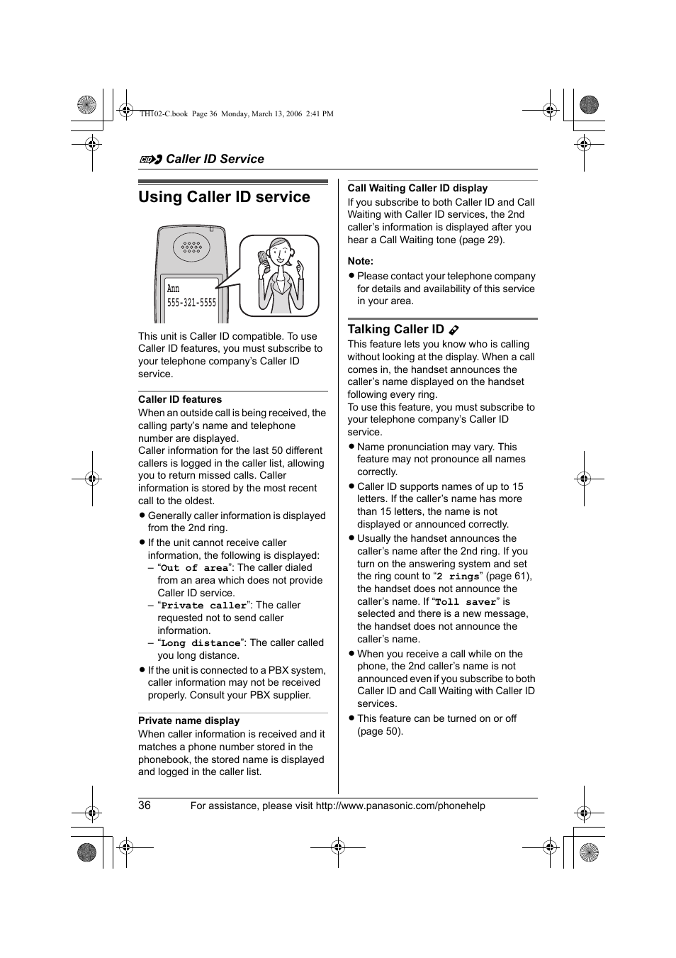 Caller id service, Using caller id service | Panasonic KX-TH102-C User Manual | Page 36 / 100