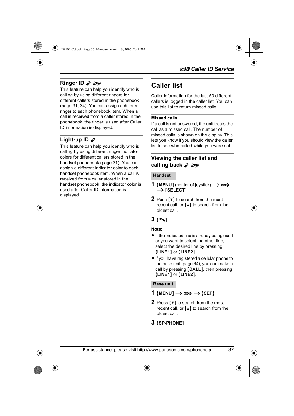 Caller list | Panasonic KX-TH102-C User Manual | Page 37 / 100