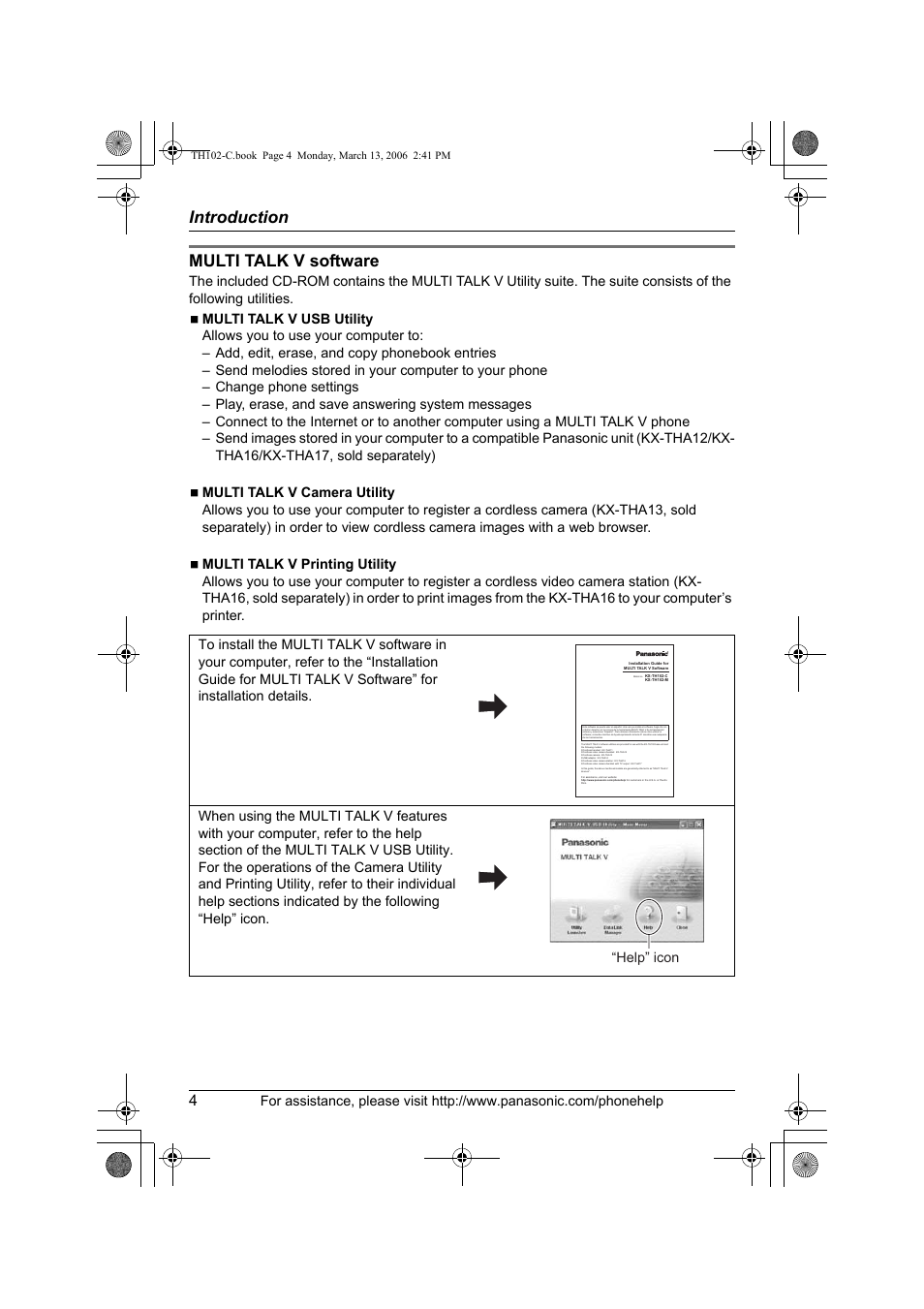 Introduction, Multi talk v software, Help” icon | Panasonic KX-TH102-C User Manual | Page 4 / 100
