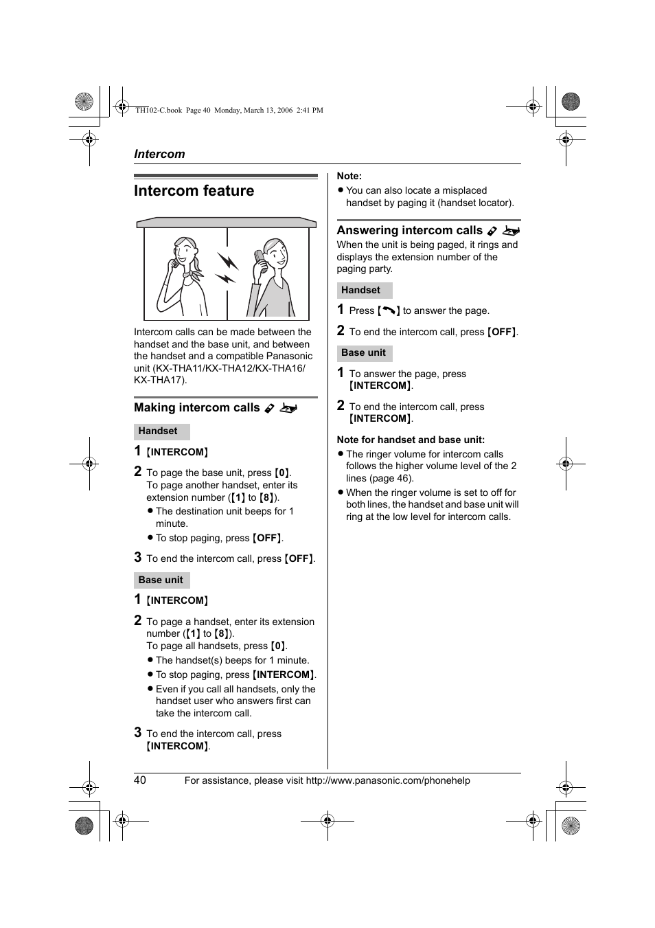 Intercom, Intercom feature | Panasonic KX-TH102-C User Manual | Page 40 / 100
