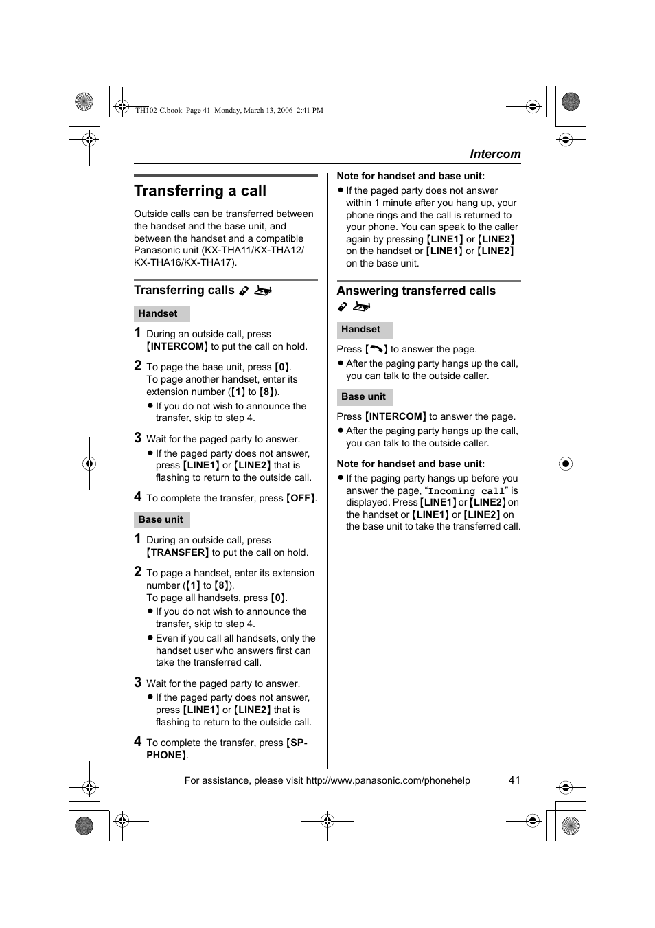 Transferring a call | Panasonic KX-TH102-C User Manual | Page 41 / 100