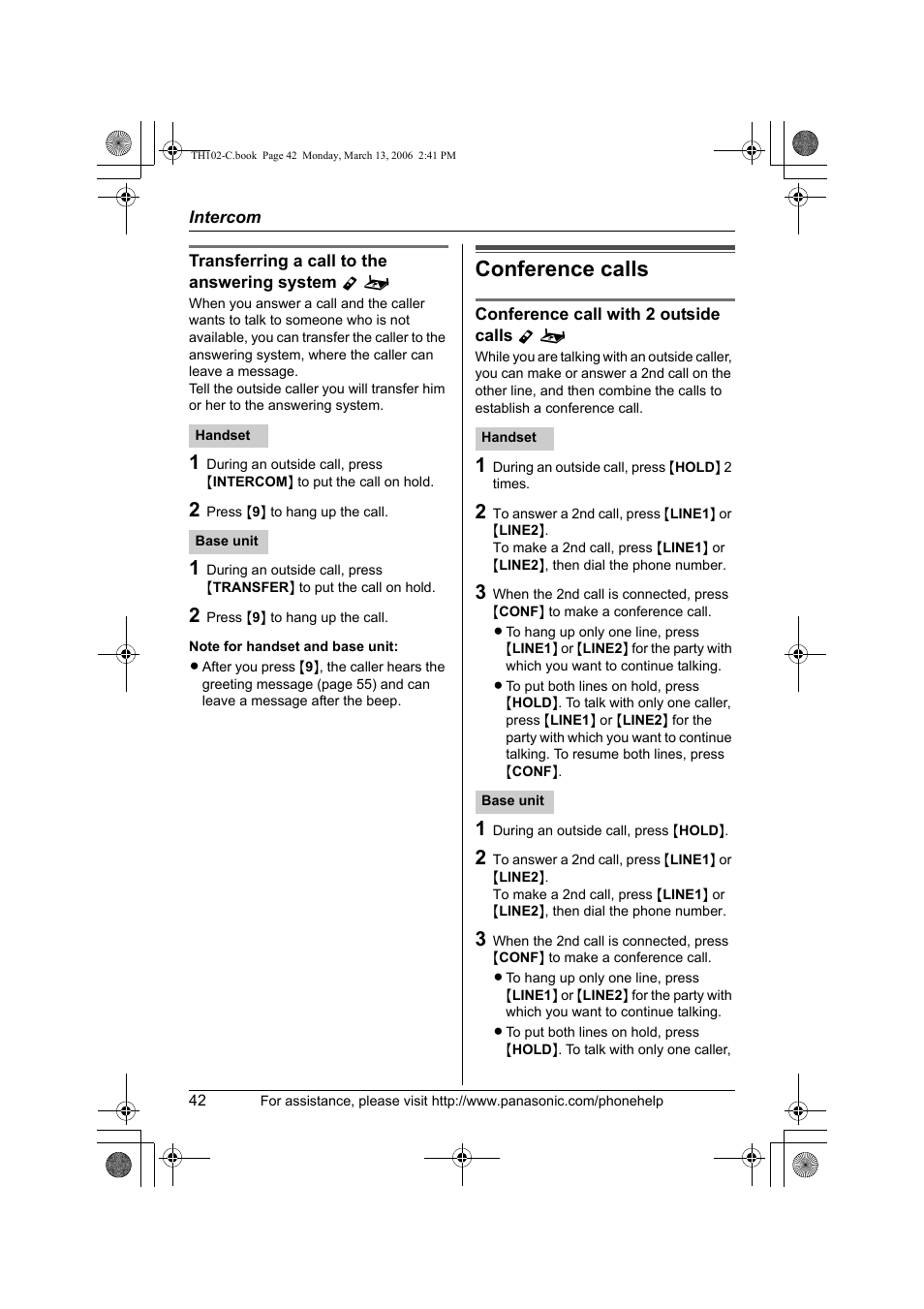 Conference calls | Panasonic KX-TH102-C User Manual | Page 42 / 100