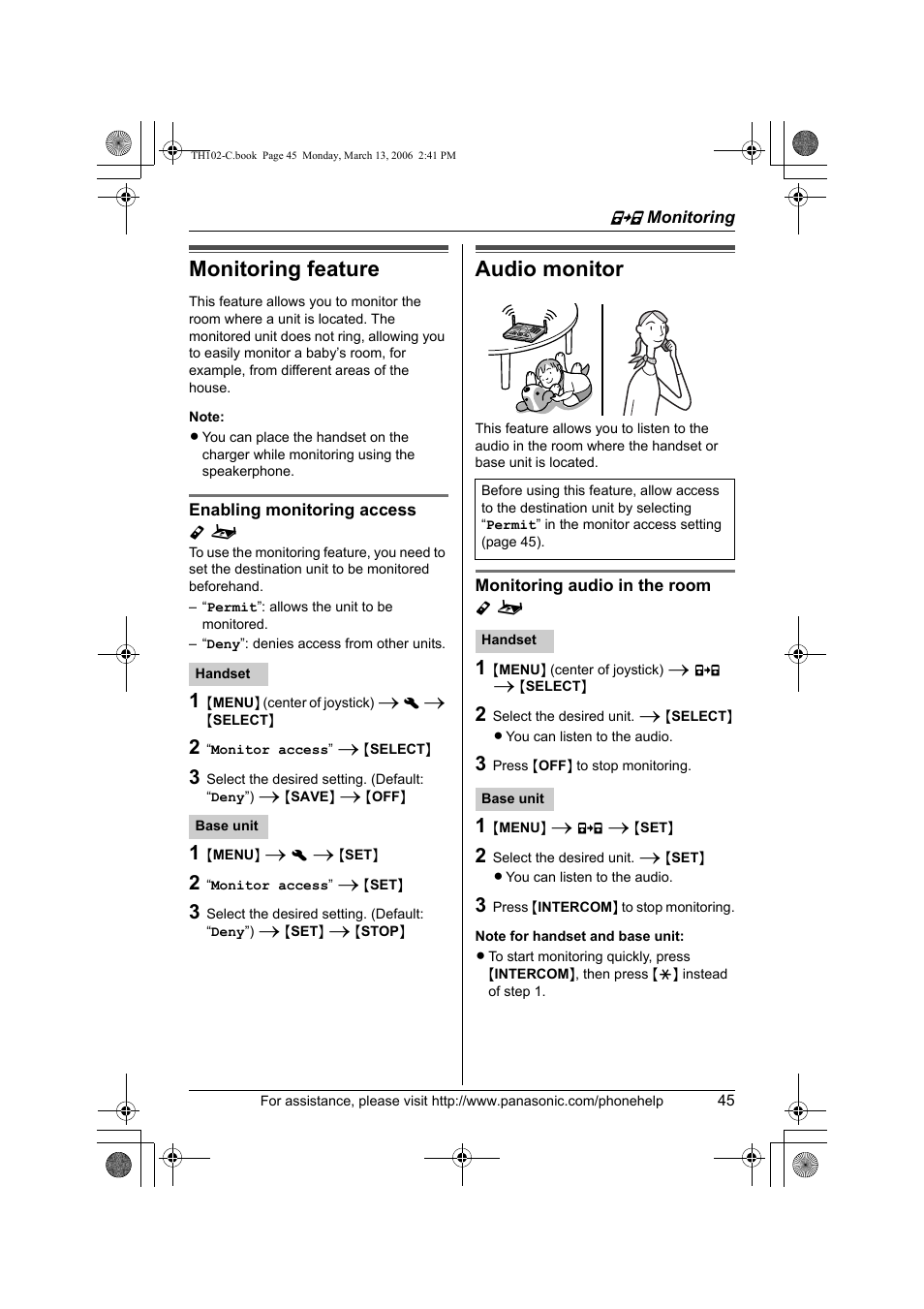 Monitoring, Monitoring feature, Audio monitor | Panasonic KX-TH102-C User Manual | Page 45 / 100