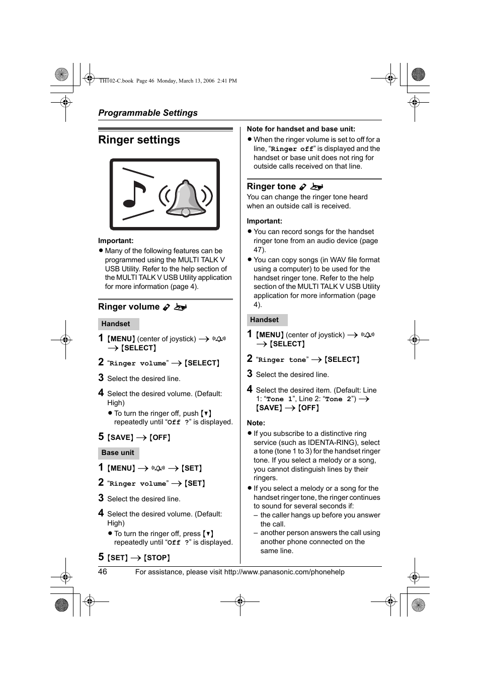 Programmable settings, Ringer settings | Panasonic KX-TH102-C User Manual | Page 46 / 100