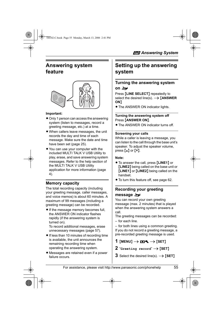 Answering system, Answering system feature, Setting up the answering system | Panasonic KX-TH102-C User Manual | Page 55 / 100