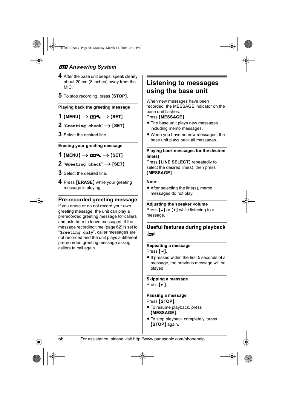 Listening to messages using the base unit | Panasonic KX-TH102-C User Manual | Page 56 / 100