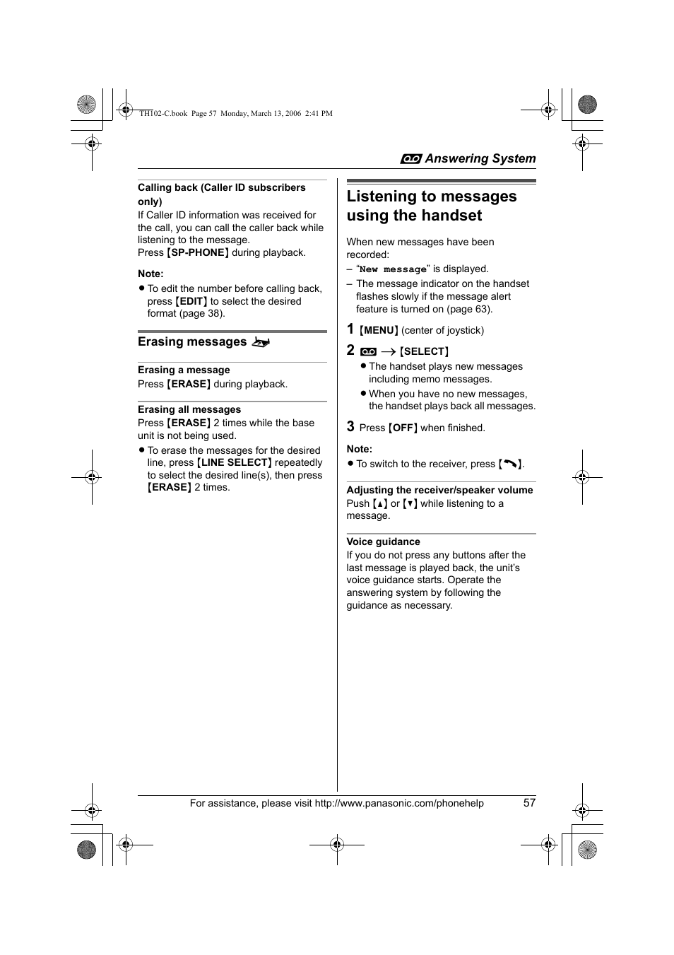 Listening to messages using the handset | Panasonic KX-TH102-C User Manual | Page 57 / 100