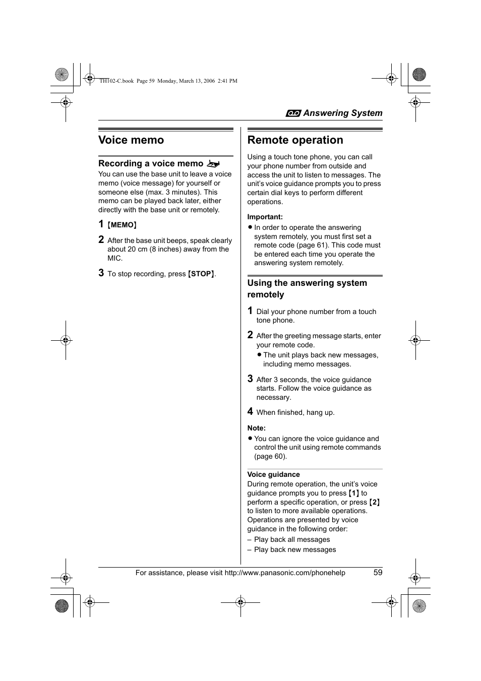 Voice memo, Remote operation | Panasonic KX-TH102-C User Manual | Page 59 / 100