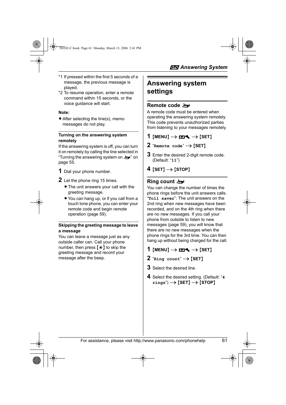 Answering system settings | Panasonic KX-TH102-C User Manual | Page 61 / 100