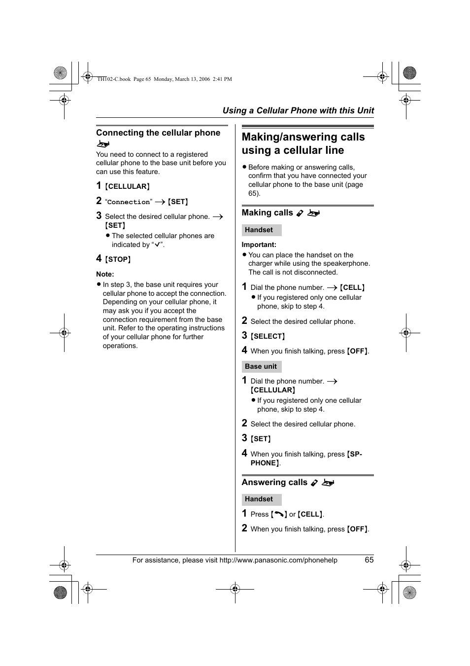 Making/answering calls using a cellular line | Panasonic KX-TH102-C User Manual | Page 65 / 100
