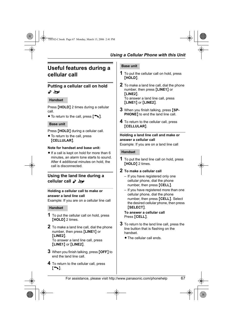 Useful features during a cellular call | Panasonic KX-TH102-C User Manual | Page 67 / 100