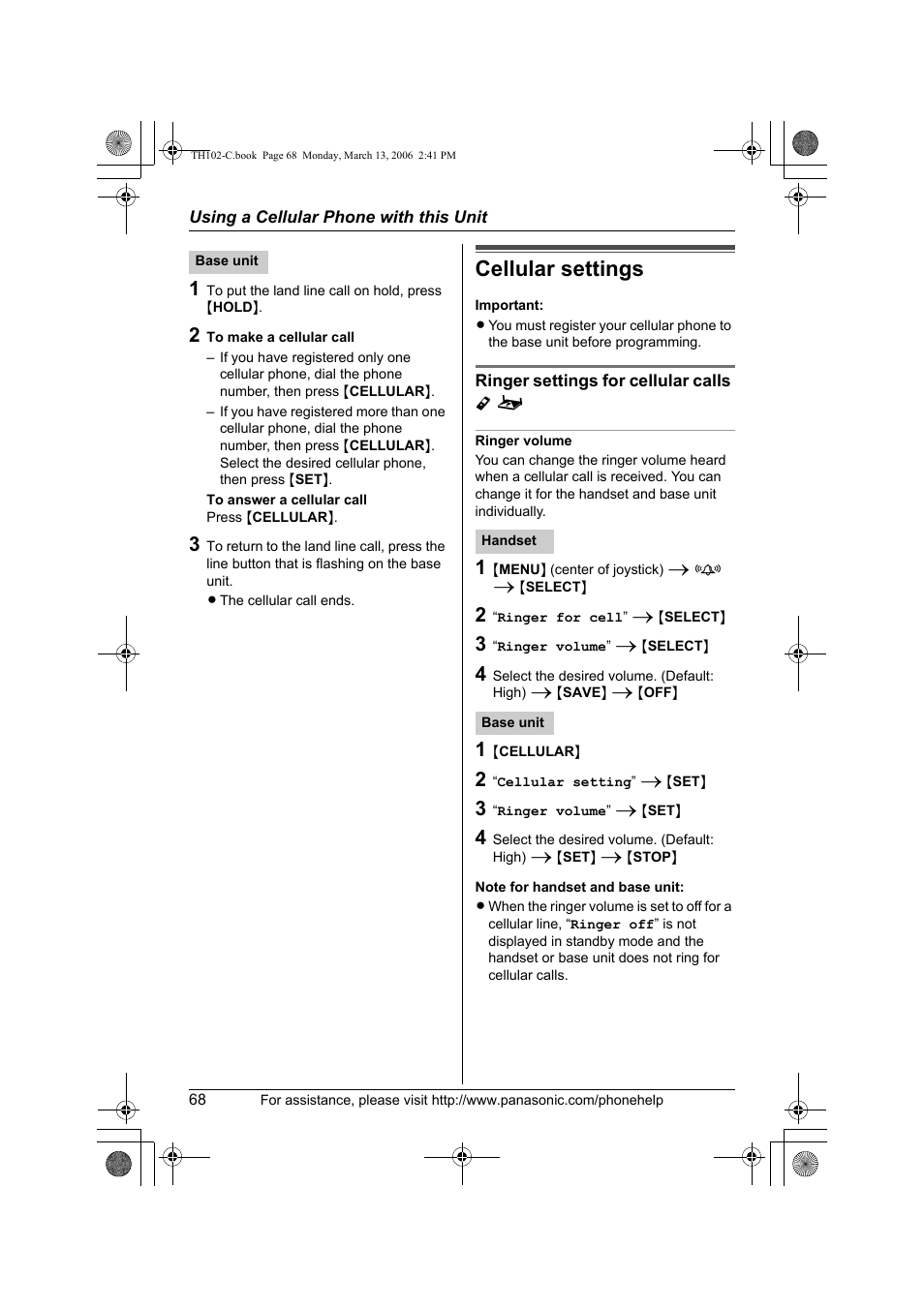 Cellular settings | Panasonic KX-TH102-C User Manual | Page 68 / 100