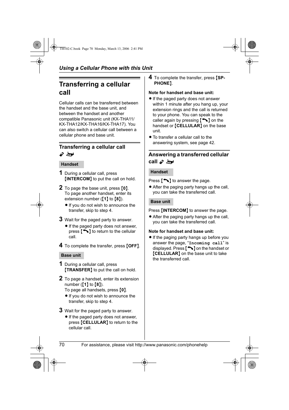 Transferring a cellular call | Panasonic KX-TH102-C User Manual | Page 70 / 100