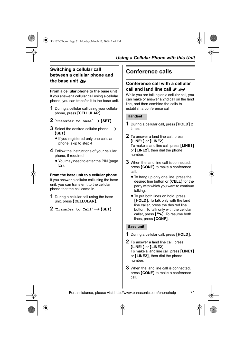 Conference calls | Panasonic KX-TH102-C User Manual | Page 71 / 100