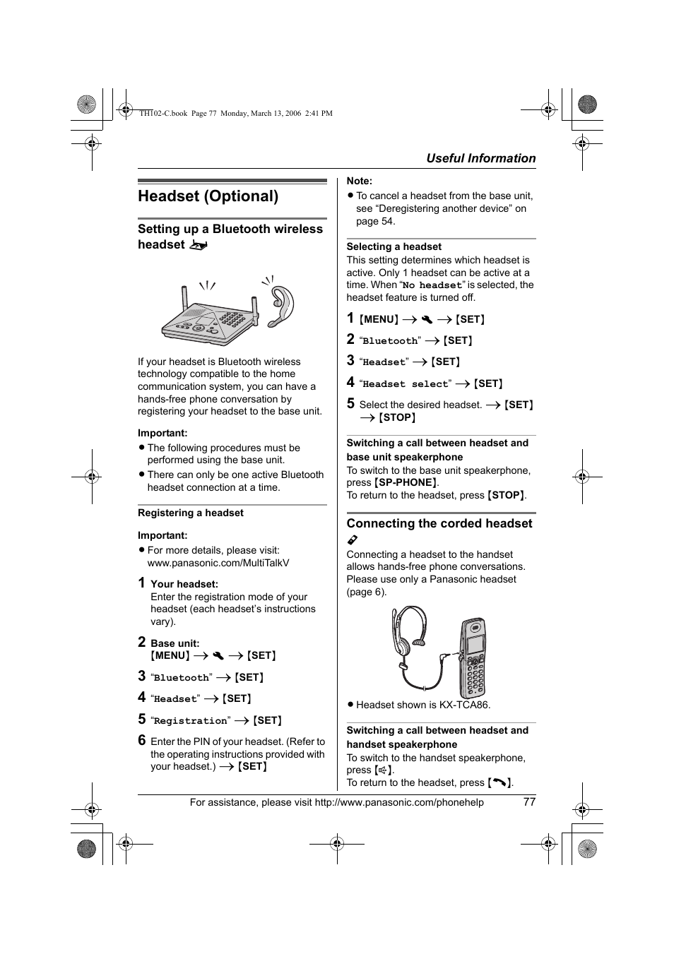 Headset (optional) | Panasonic KX-TH102-C User Manual | Page 77 / 100