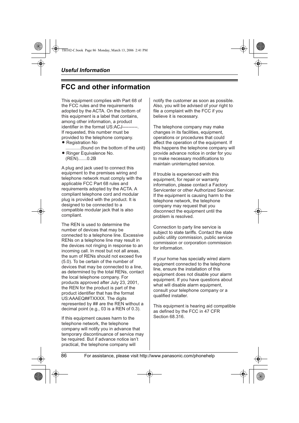 Fcc and other information | Panasonic KX-TH102-C User Manual | Page 86 / 100