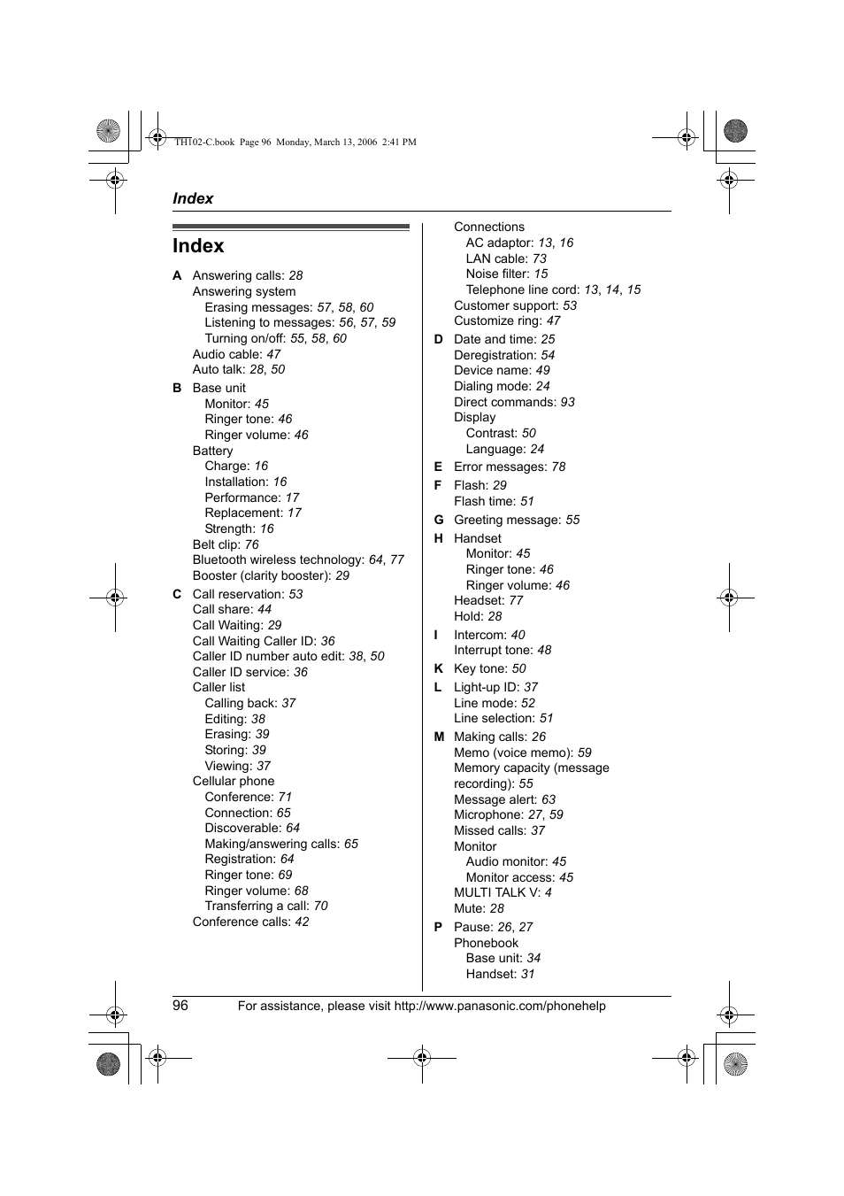 Index | Panasonic KX-TH102-C User Manual | Page 96 / 100