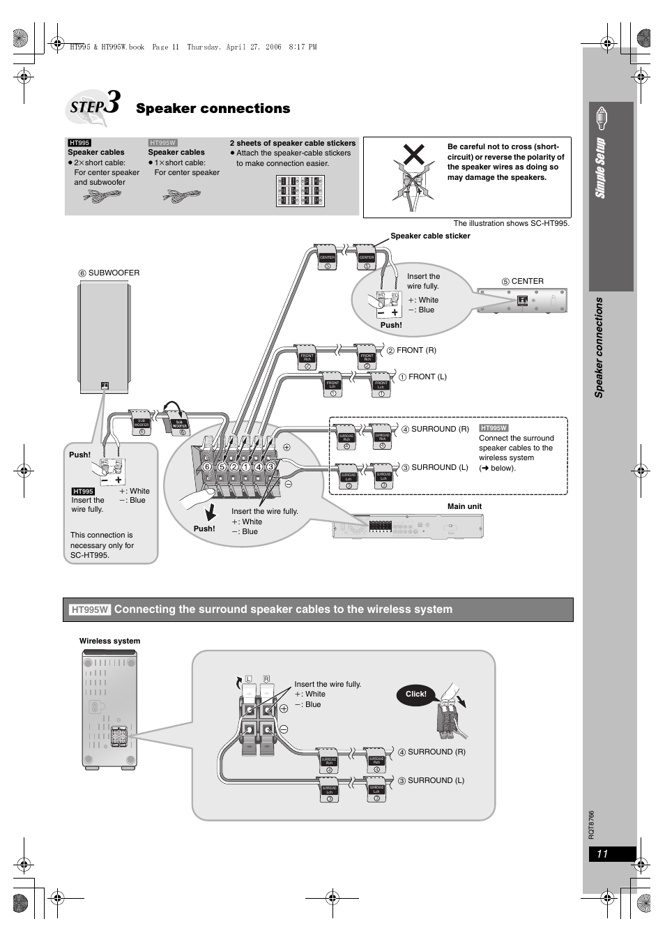 Step, Speaker connections, 11 simple se tu p | Sp eak er c onne ction s | Panasonic SC-HT995W User Manual | Page 11 / 48