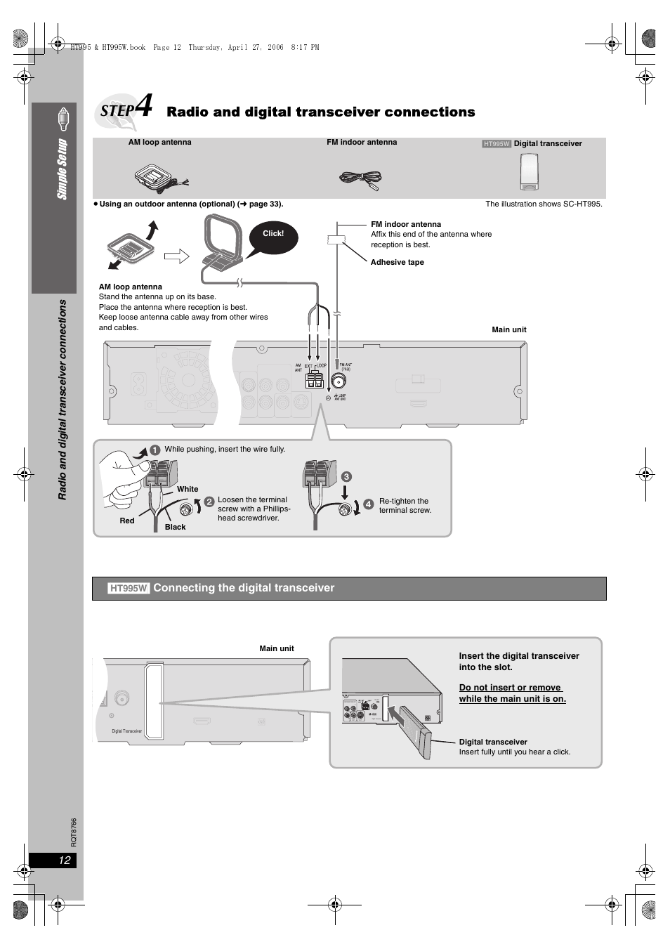 Step, Radio and digital transceiver connections, 12 simple se tu p | Ht995w] connecting the digital transceiver | Panasonic SC-HT995W User Manual | Page 12 / 48