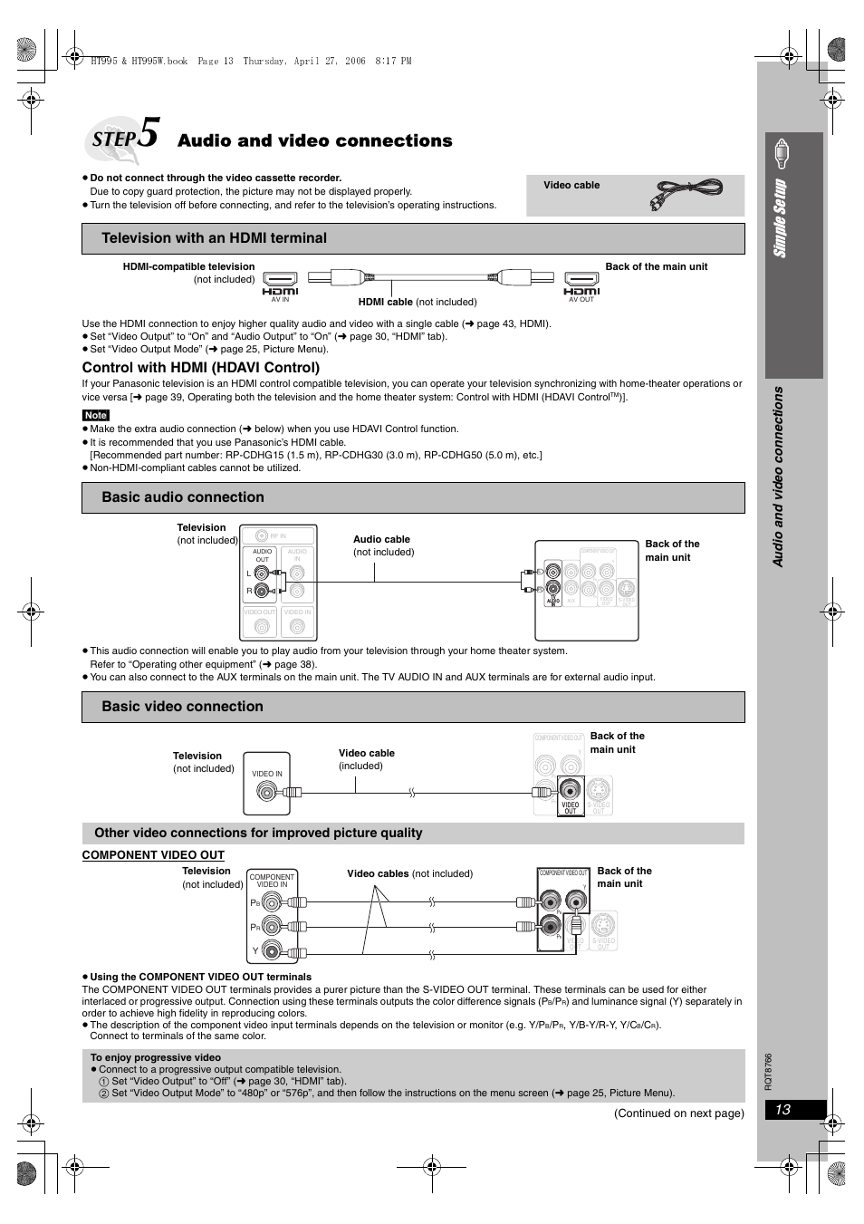 Step, Audio and video connections, 13 simple se tu p | Control with hdmi (hdavi control), Audio and vide o c onne ction s | Panasonic SC-HT995W User Manual | Page 13 / 48