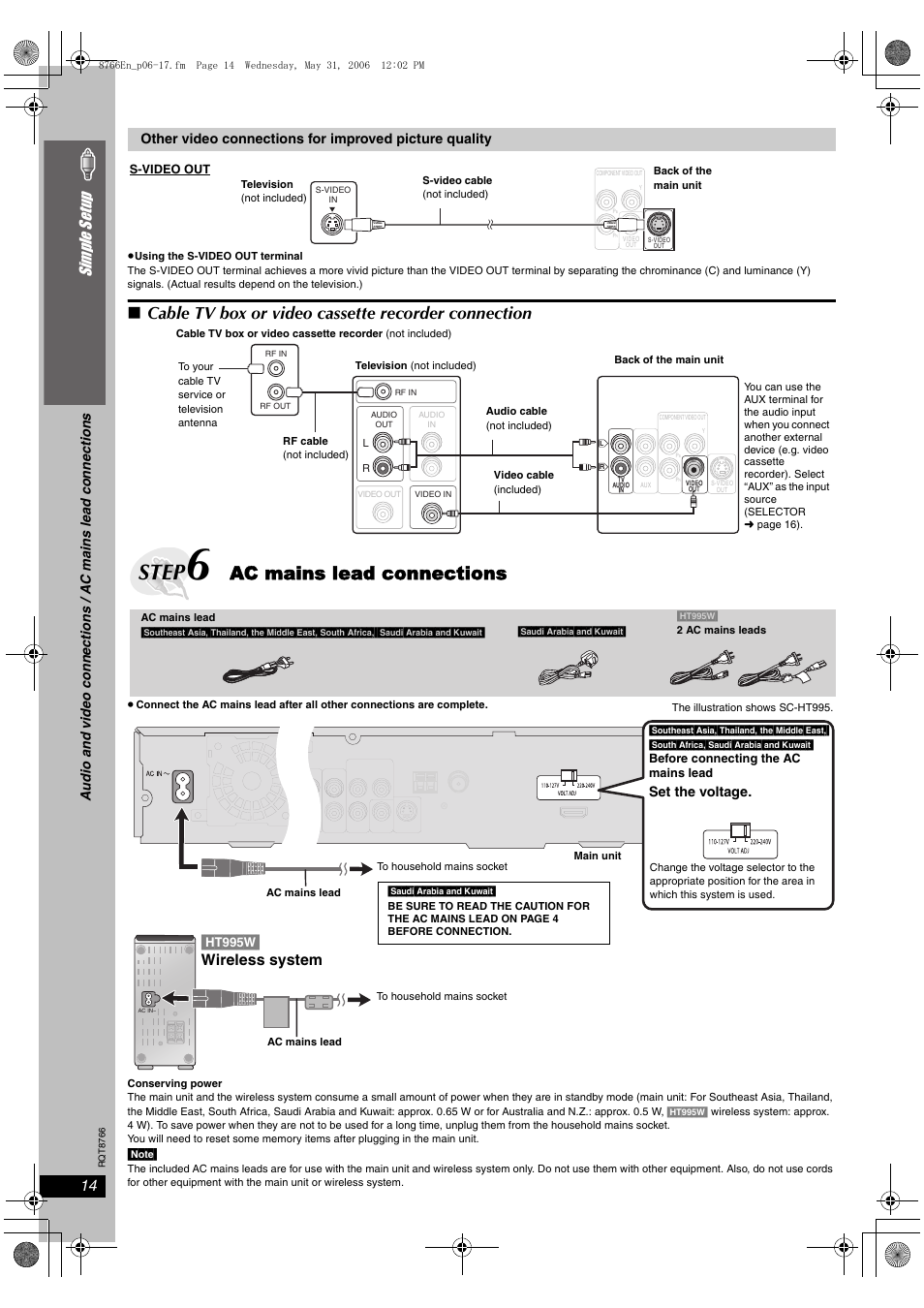Step, Ac mains lead connections, Cable tv box or video cassette recorder connection | Si mp le s etu p, Ht995w] wireless system | Panasonic SC-HT995W User Manual | Page 14 / 48