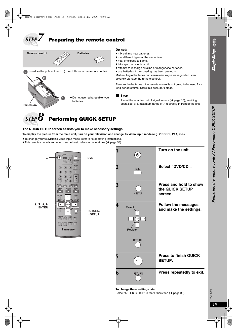 Step, Preparing the remote control, Performing quick setup | Panasonic SC-HT995W User Manual | Page 15 / 48