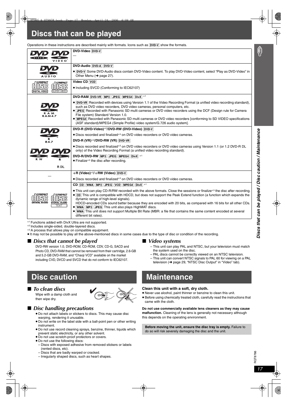 Discs that can be played, Disc caution maintenance, Discs that cannot be played | Video systems, Disc handling precautions | Panasonic SC-HT995W User Manual | Page 17 / 48