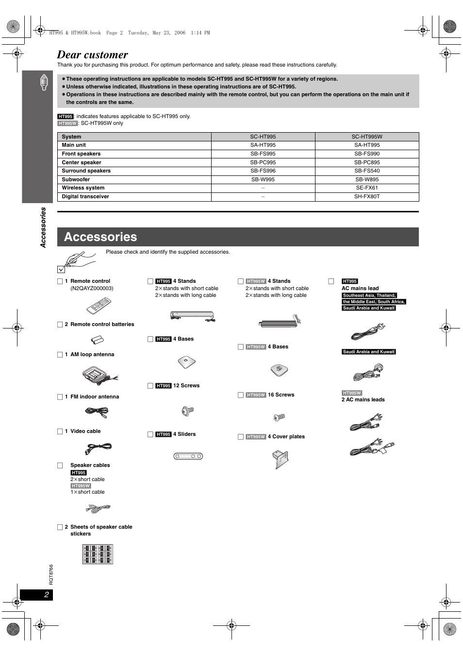 Accessories, Dear customer, Acc essories | Panasonic SC-HT995W User Manual | Page 2 / 48