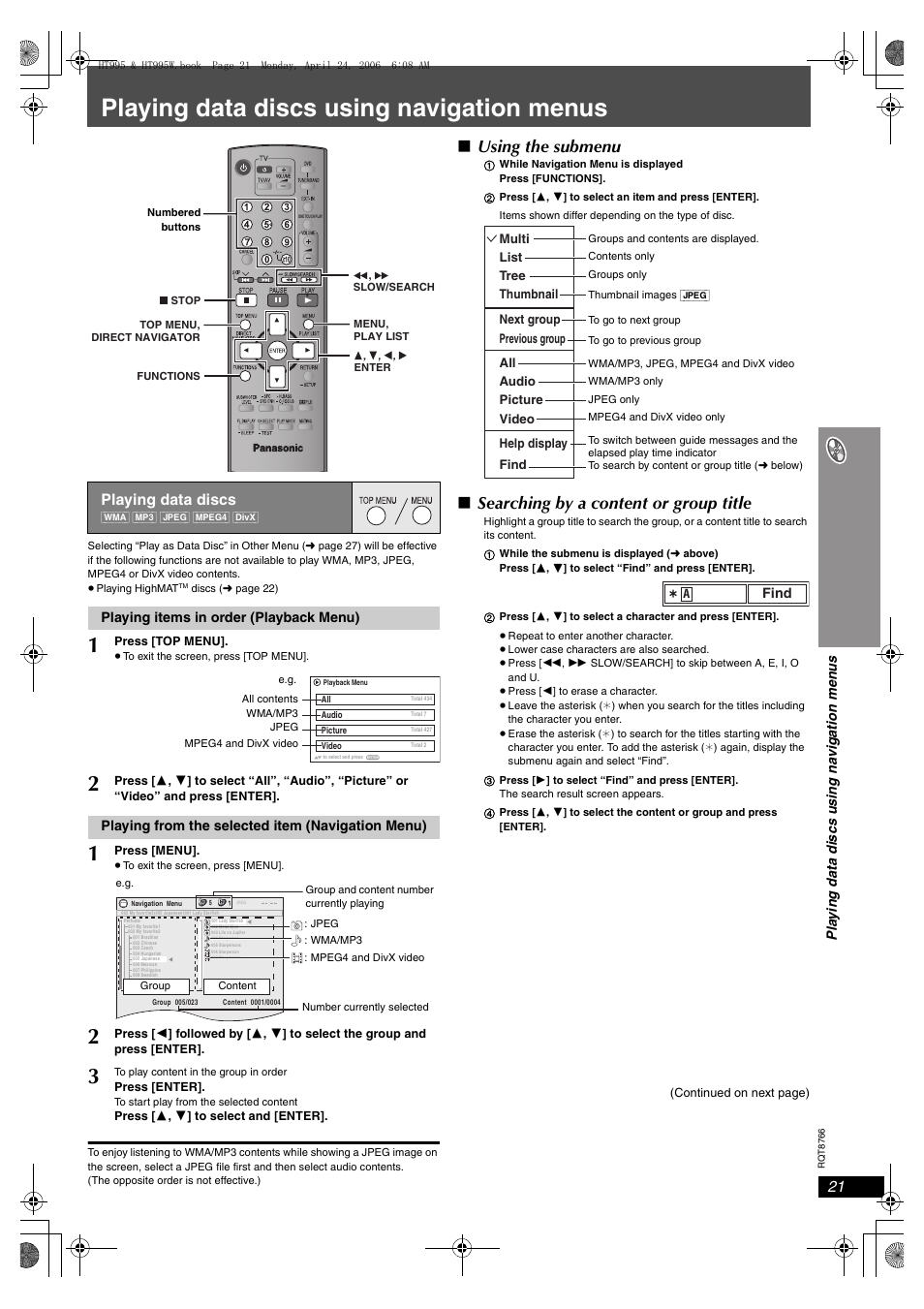 Playing data discs using navigation menus, Using the submenu, Searching by a content or group title | Playing data discs | Panasonic SC-HT995W User Manual | Page 21 / 48