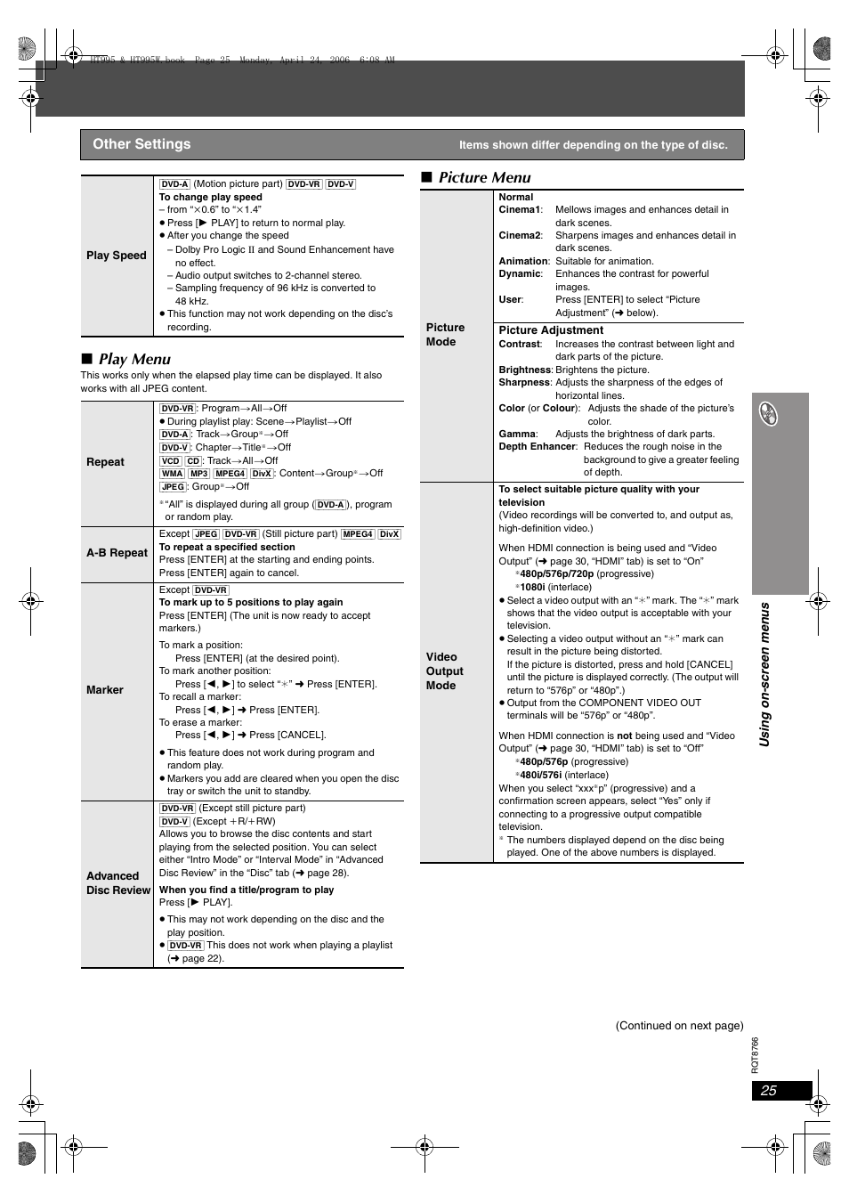 Play menu, Picture menu, Other settings | Panasonic SC-HT995W User Manual | Page 25 / 48