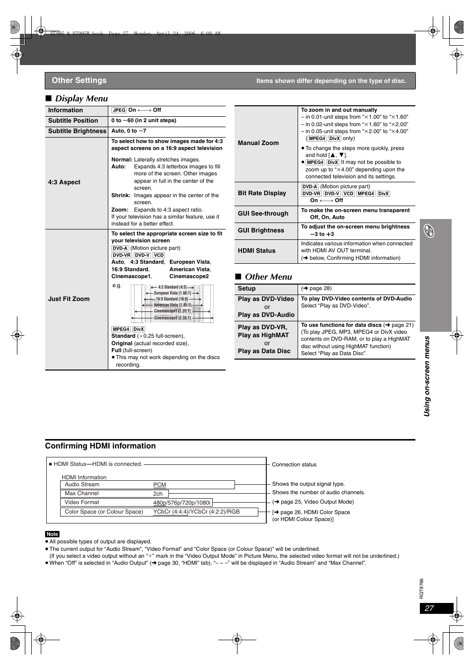 Display menu ∫ other menu, Confirming hdmi information, Other settings | Panasonic SC-HT995W User Manual | Page 27 / 48