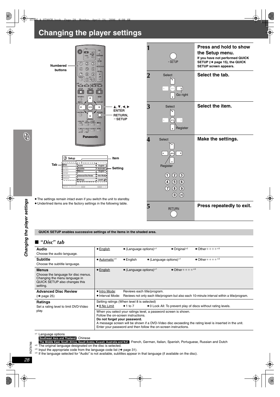 Changing the player settings, Disc ” tab, Press and hold to show the setup menu | Select the tab, Select the item, Make the settings, Press repeatedly to exit | Panasonic SC-HT995W User Manual | Page 28 / 48