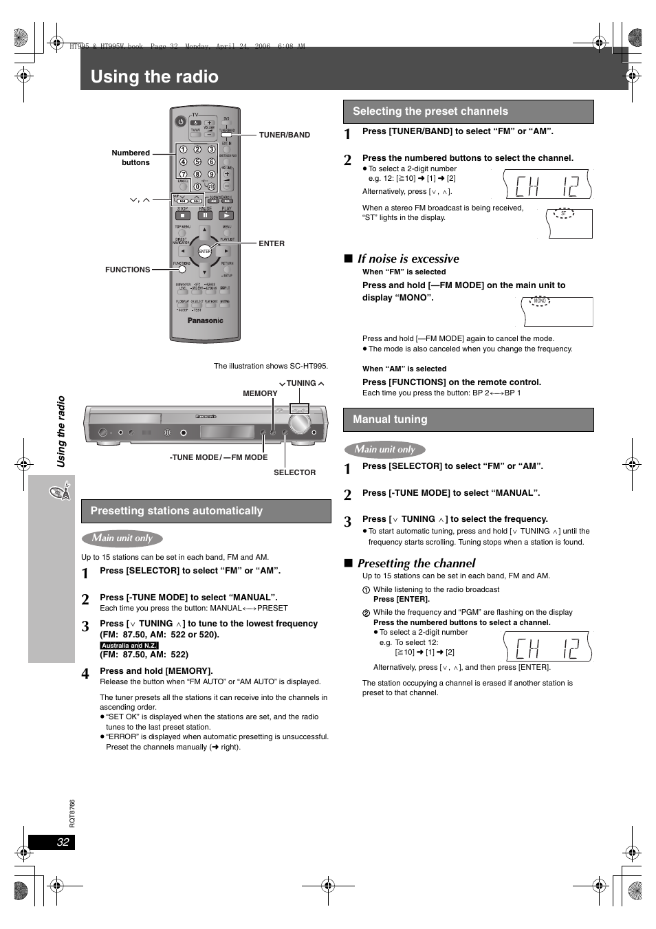 Using the radio, If noise is excessive, Presetting the channel | Panasonic SC-HT995W User Manual | Page 32 / 48