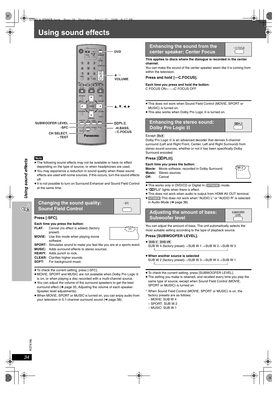 Using sound effects, Changing the sound quality: sound field control | Panasonic SC-HT995W User Manual | Page 34 / 48