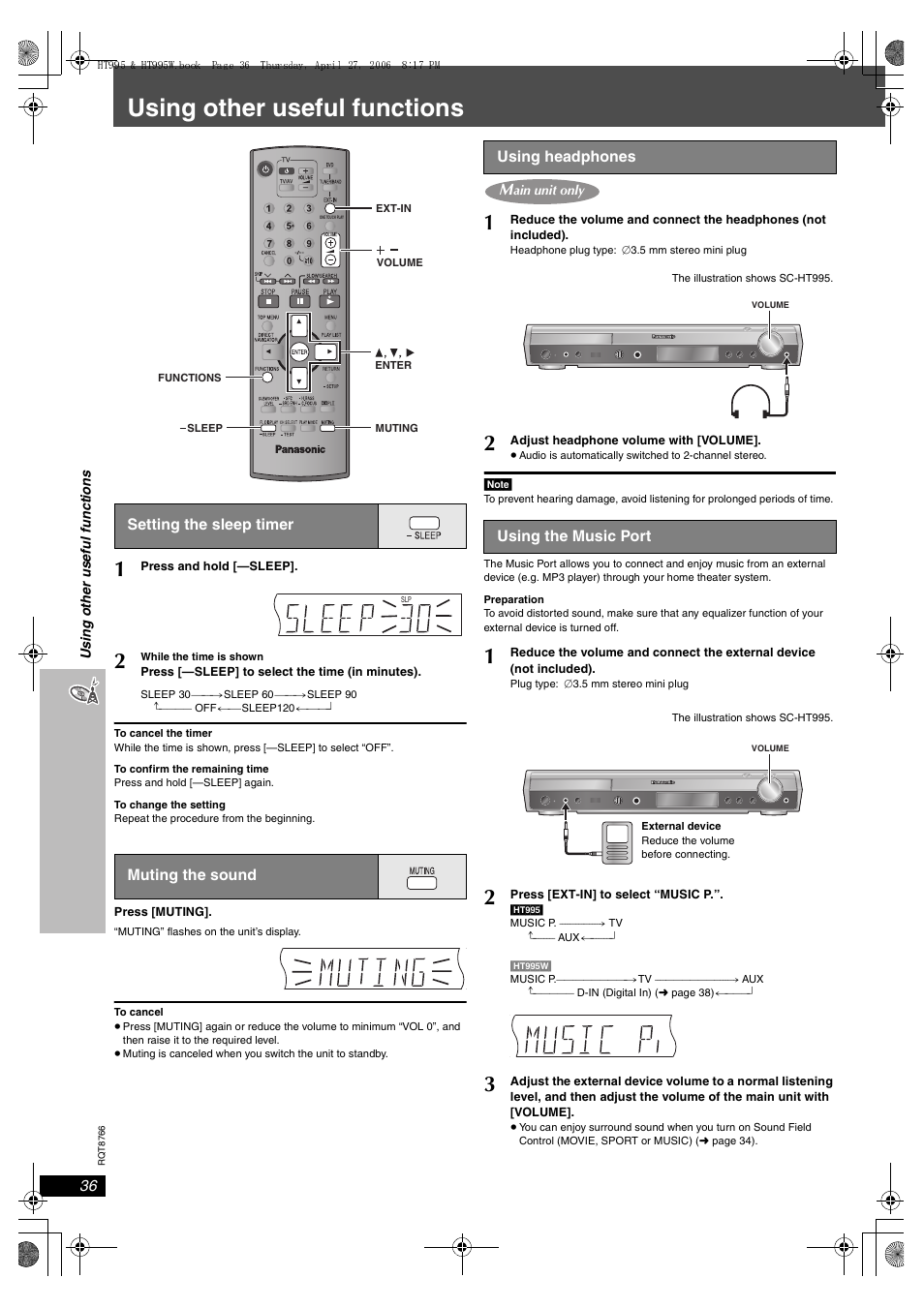 Using other useful functions, Setting the sleep timer, Muting the sound | Using headphones, Using the music port | Panasonic SC-HT995W User Manual | Page 36 / 48