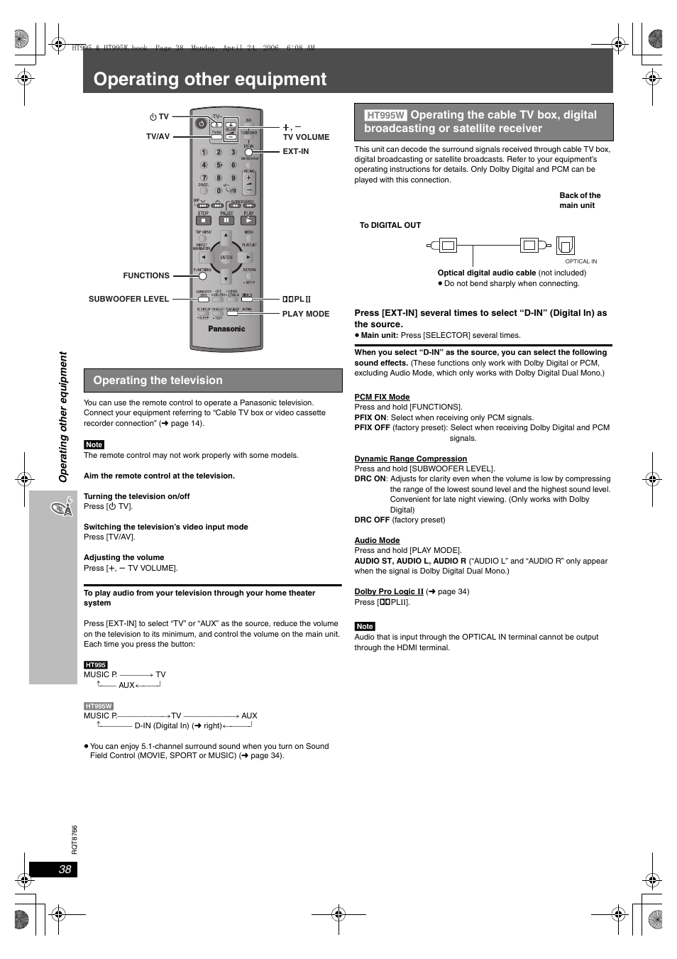 Operating other equipment, Operating the television | Panasonic SC-HT995W User Manual | Page 38 / 48