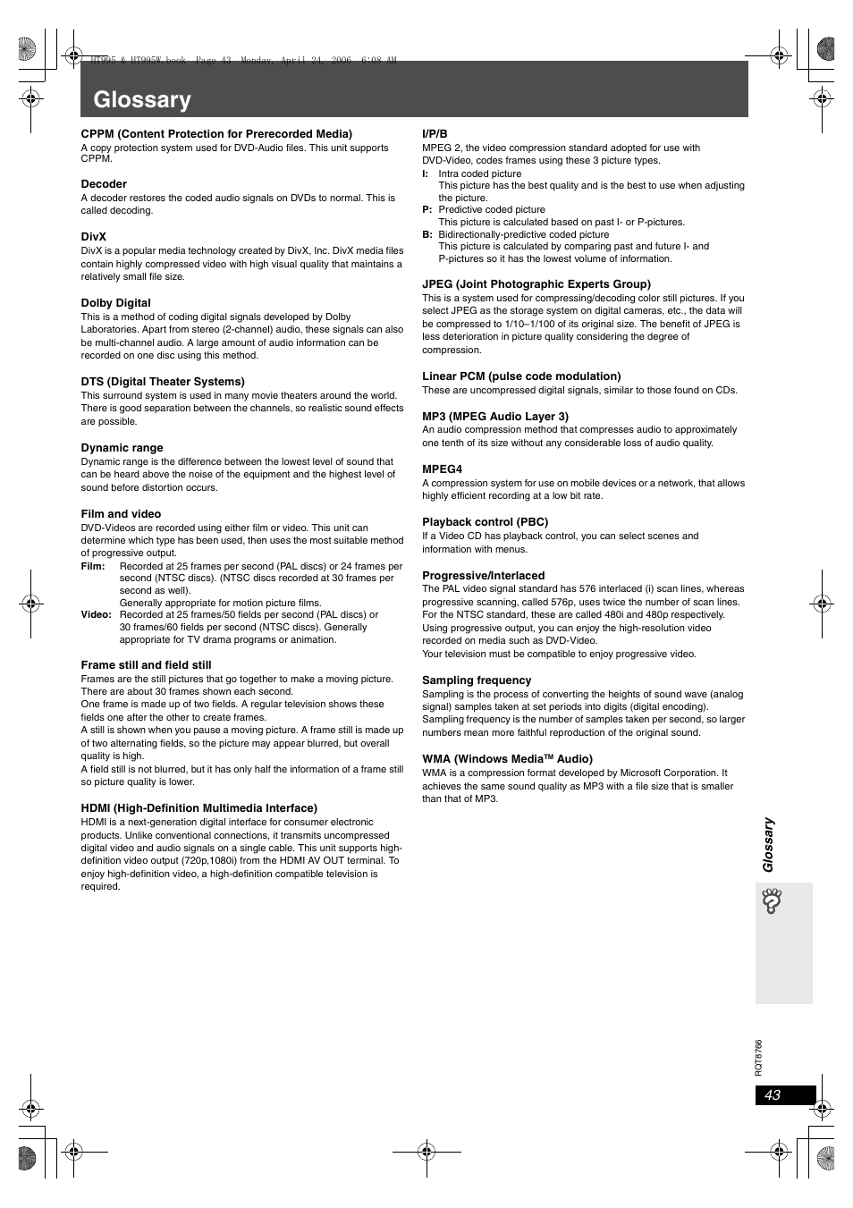 Glossary | Panasonic SC-HT995W User Manual | Page 43 / 48