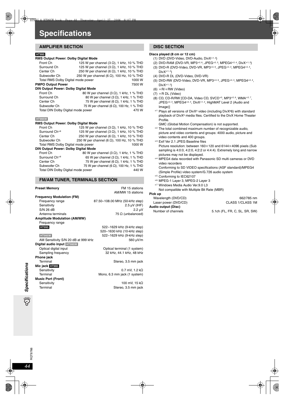 Specifications, Sp eci fica tions | Panasonic SC-HT995W User Manual | Page 44 / 48