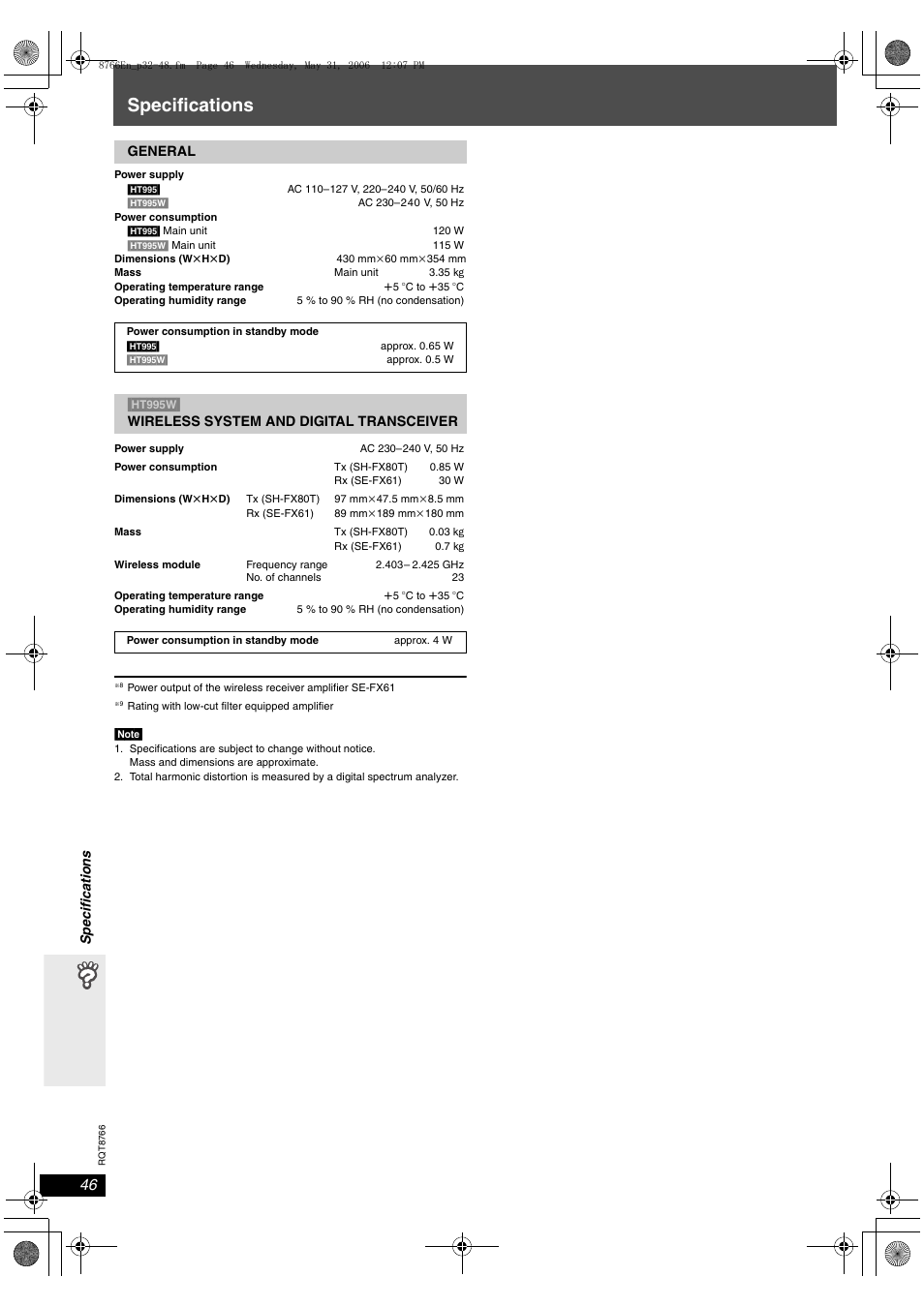 Specifications | Panasonic SC-HT995W User Manual | Page 46 / 48