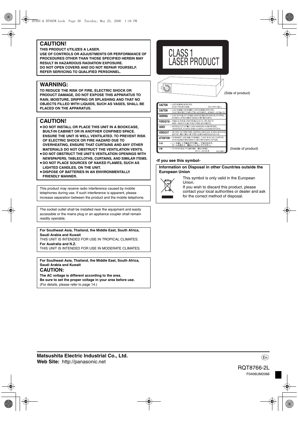 Caution, Warning | Panasonic SC-HT995W User Manual | Page 48 / 48