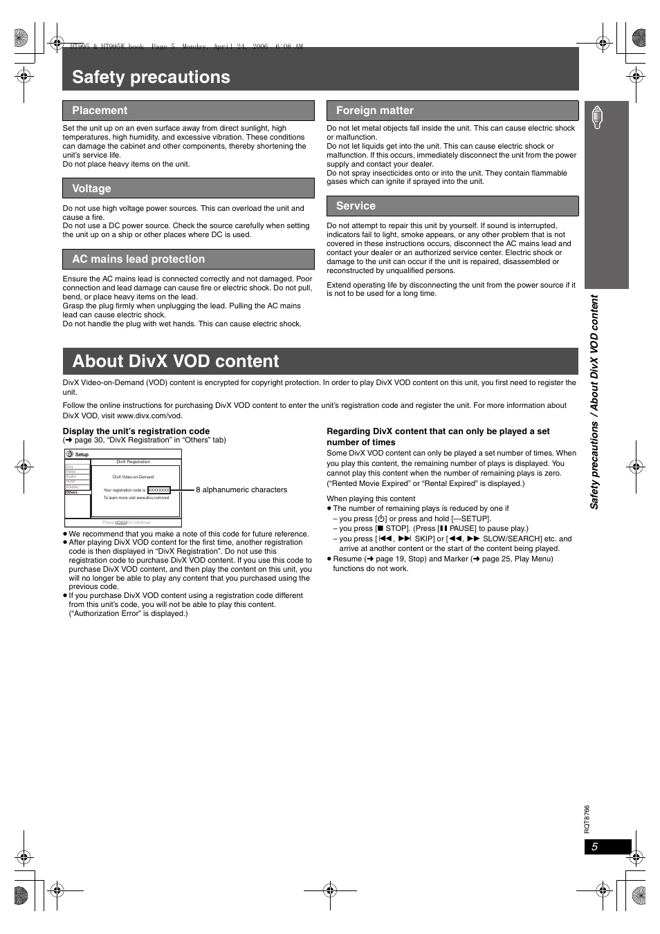 Safety precautions, About divx vod content | Panasonic SC-HT995W User Manual | Page 5 / 48