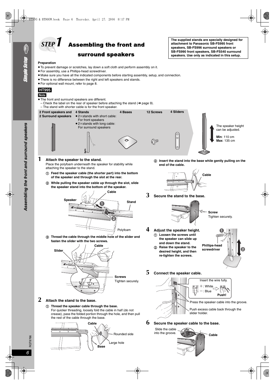 Step, Assembling the front and surround speakers | Panasonic SC-HT995W User Manual | Page 6 / 48