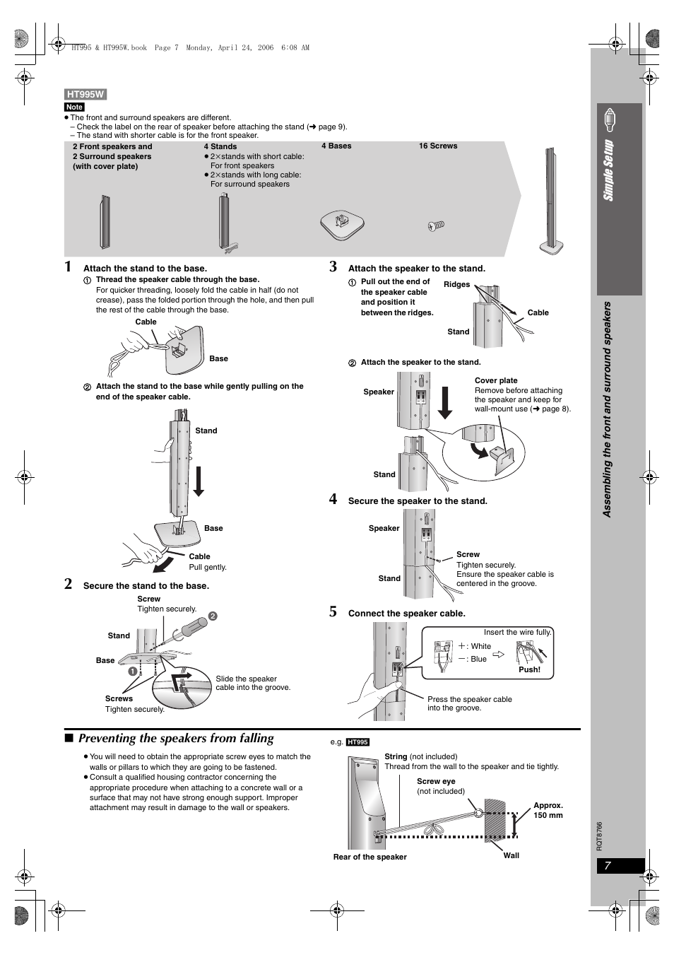 Preventing the speakers from falling, 7simple se tu p | Panasonic SC-HT995W User Manual | Page 7 / 48