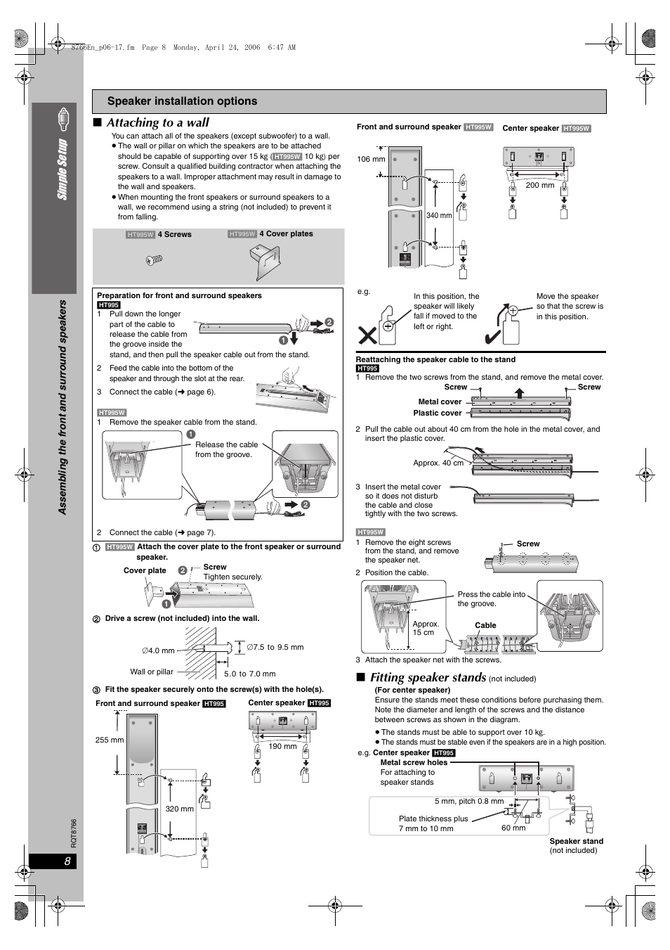 Attaching to a wall, Fitting speaker stands, 8simple se tu p | Panasonic SC-HT995W User Manual | Page 8 / 48