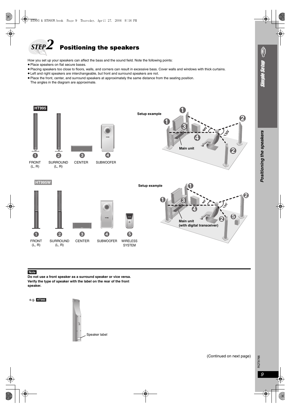 Step, Positioning the speakers | Panasonic SC-HT995W User Manual | Page 9 / 48