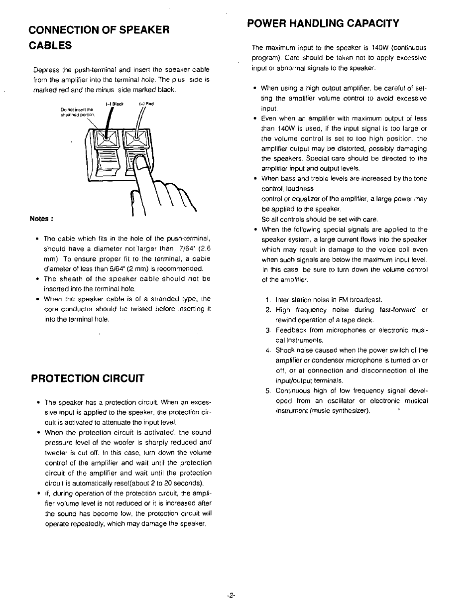 Notes, Connection of speaker cables, Protection circuit | Power handling capacity | Panasonic RAMSA WS-A35 User Manual | Page 2 / 4