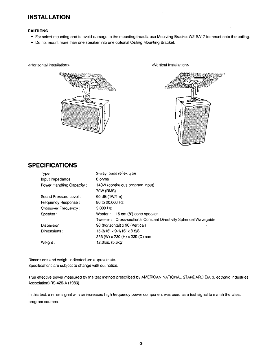 Installation, Specifications | Panasonic RAMSA WS-A35 User Manual | Page 3 / 4